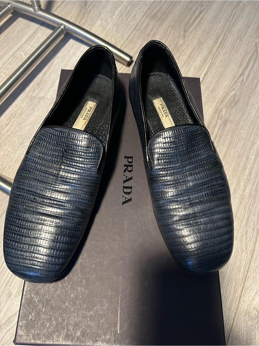 Rare Prada Men’s Blue Lizard-Texture Slip-On Loafers